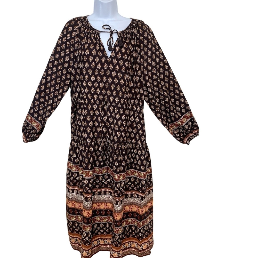 Old Navy Peasant Midi Dress Small Brown Abstract Tiered Fairy Grunge Work Boho